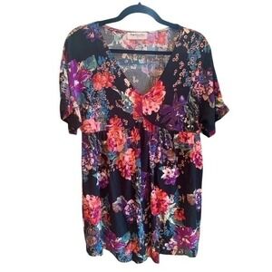 Impressions Floral Print Mini Dress V-Neck Short Sleeve Boho Summer Tunic Size S